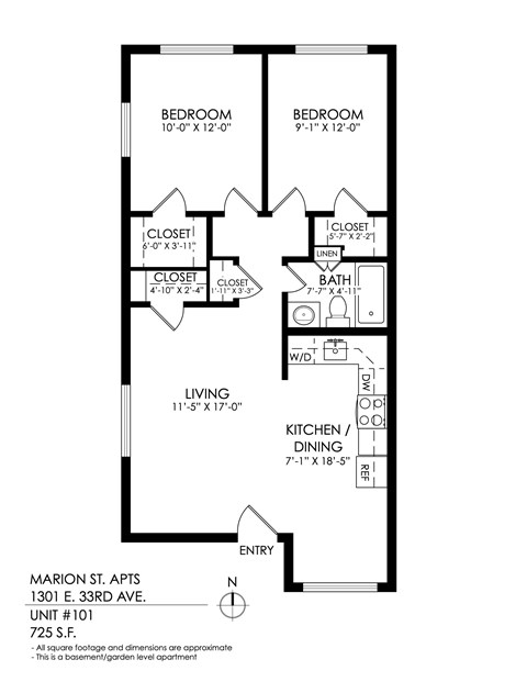 Floor plan for 2 beds, 1 bath, 795 sqft